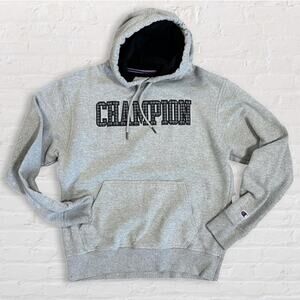 Champion Powerblend Hoodie Mens M Fleece Pullover Oxford Grey Plaid Block Logo